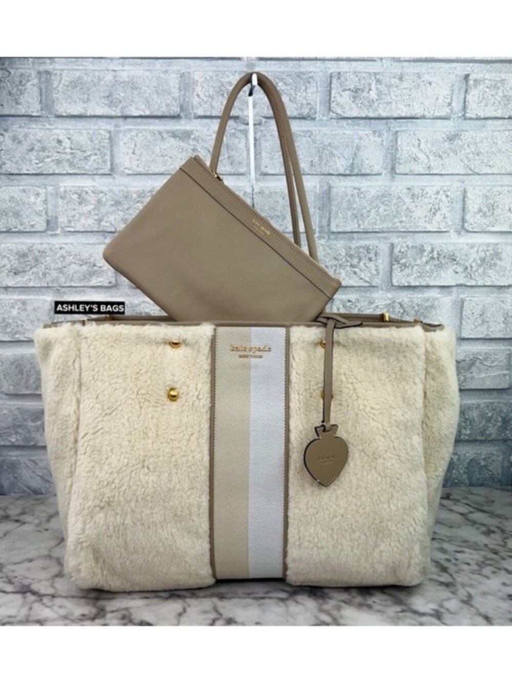 Kate Spade Everything Racing Stripe Faux Shearling Large Tote In Cream Multi